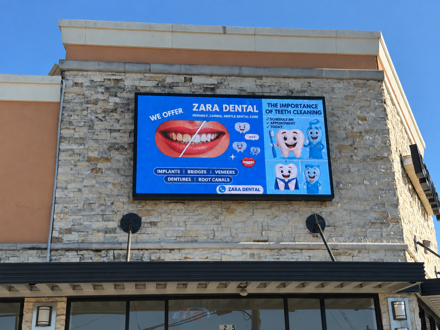Outdoor LED video display mounted on a commercial building